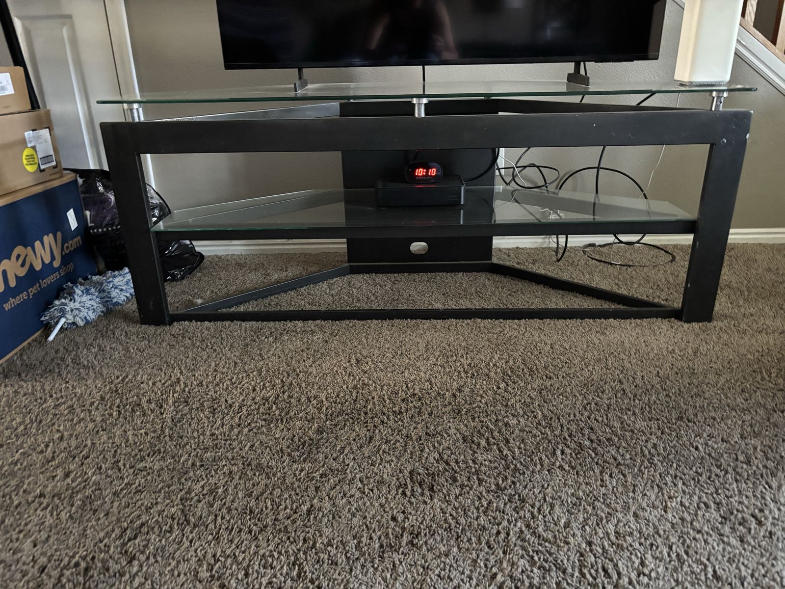 Modern Black Metal and Glass Corner TV Stand