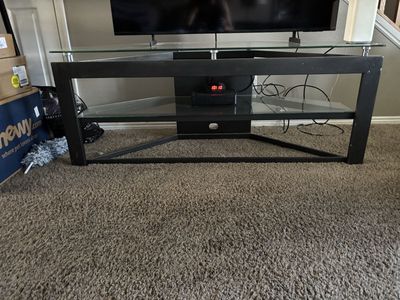 Modern Black Metal and Glass Corner TV Stand