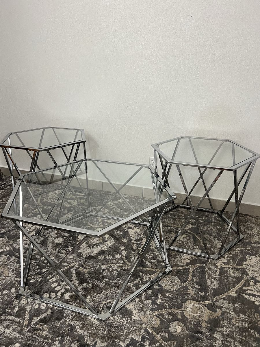Modern Chrome & Glass 3-Piece Table Set