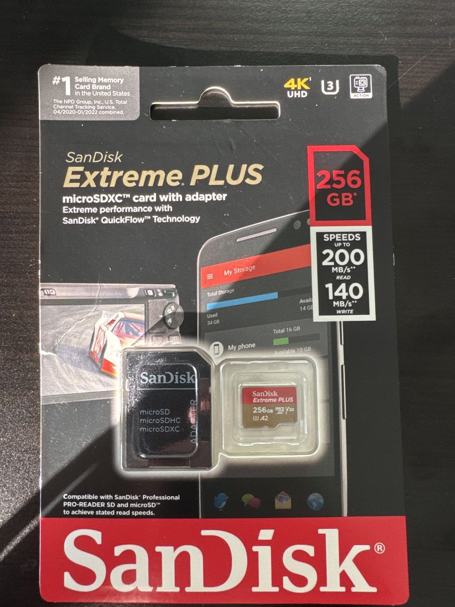 SanDisk Extreme PLUS 256GB microSDXC Card with Adapter - 200MB/s Read, 140MB/s Write, 4K UHD
