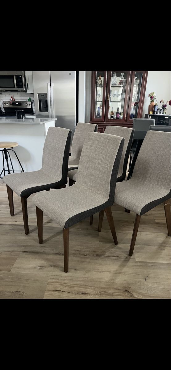 Set of 5 Mid-Century Modern Upholstered Dining Chairs - Two-Tone Fabric & Wood Legs