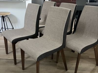 Set of 5 Mid-Century Modern Upholstered Dining Chairs - Two-Tone Fabric & Wood Legs