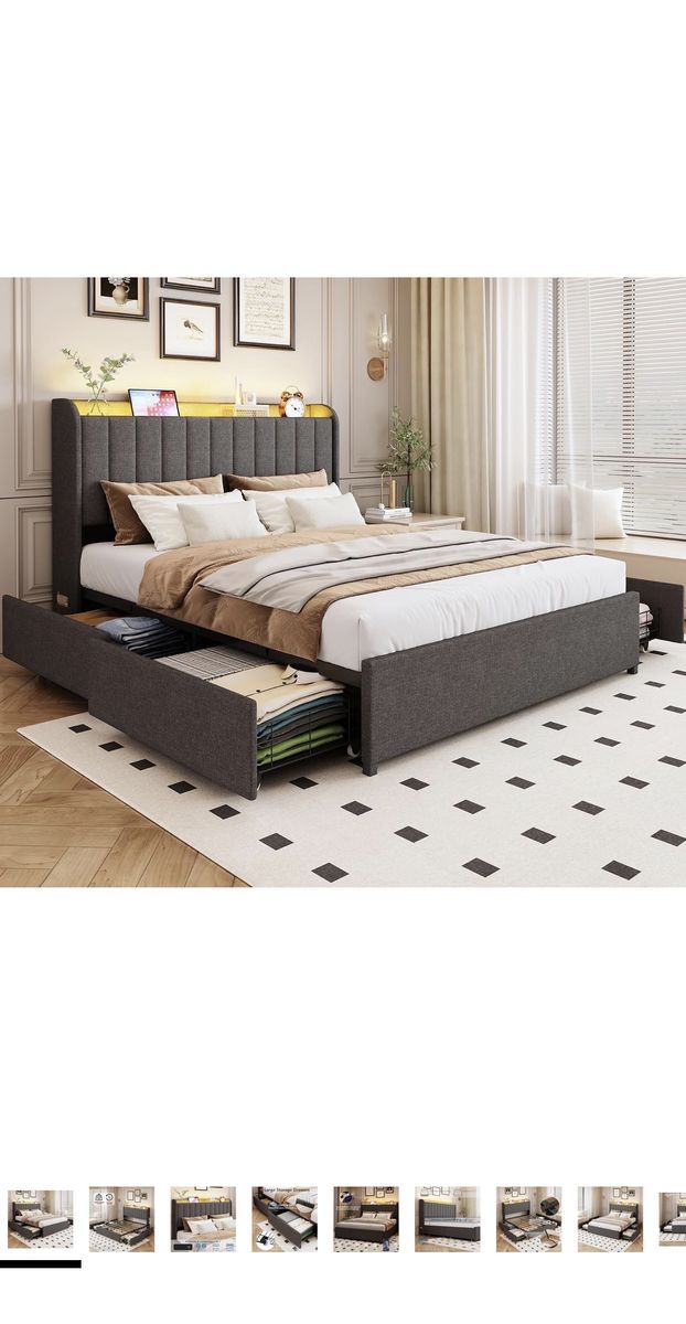 Full Bed Frame with 4 Drawers and Storage Headboard, Upholstered Platform Bed Frame Full Size with Led Lights and Handy Charging