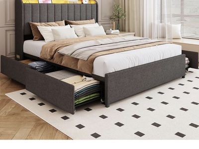 Full Bed Frame with 4 Drawers and Storage Headboard, Upholstered Platform Bed Frame Full Size with Led Lights and Handy Charging