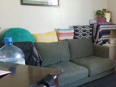 Living Spaces Marques Heritage Green 84" Fabric Sofa with Loose Reversible Back Cushions