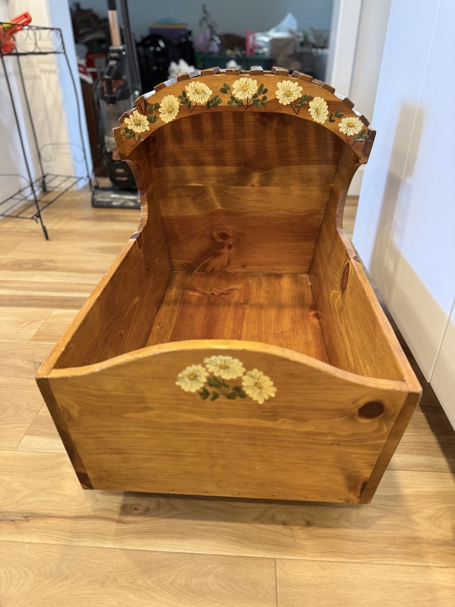 Handmade Wooden life size babyCradle with Floral Painted Details - Vintage life size baby Furniture