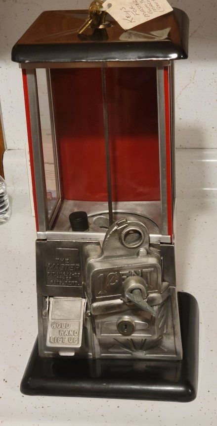 Vintage "The Master" 1 Cent Gumball Machine - Red & Silver Metal/Glass with Keys