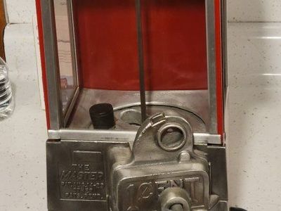 Vintage "The Master" 1 Cent Gumball Machine - Red & Silver Metal/Glass with Keys