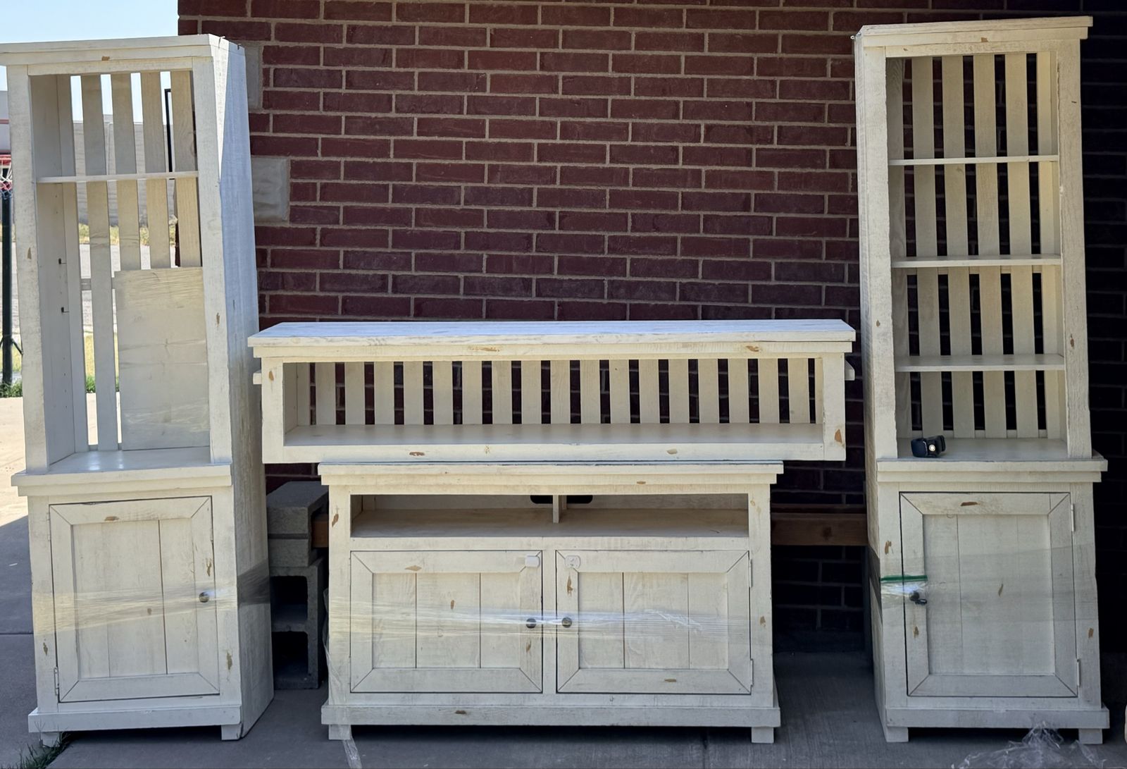 Rustic White Distressed Entertainment Center & Storage Cabinet Set