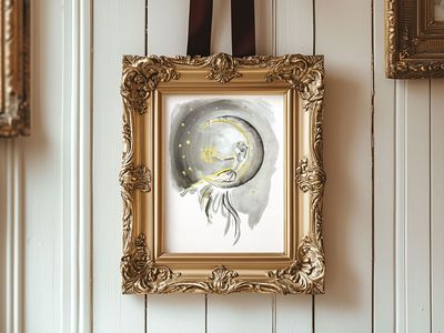 Woman sitting on the Moon Reaching for the Stars Art Print: Black and Gold Boho Decor