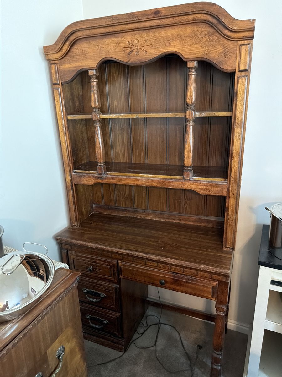 Vintage Solid Wood Secretary Desk & Hutch - Ornate Carved Details, Dark Wood Finish