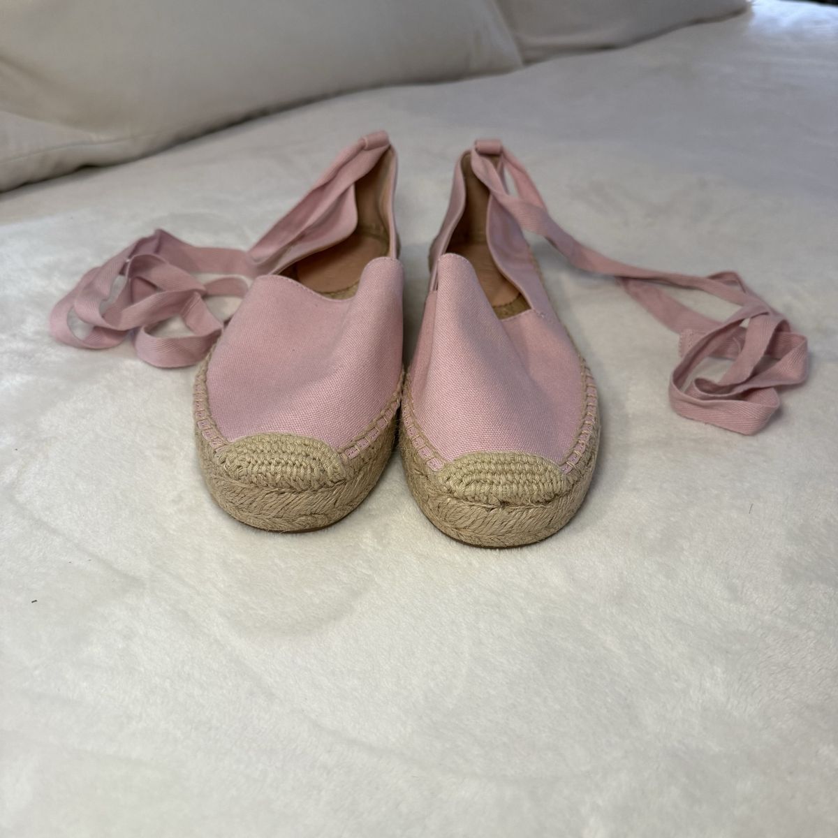 NEW J Crew Pink Canvas Espadrille Flats with Ankle Ties - Women's Casual Shoes, Size 9