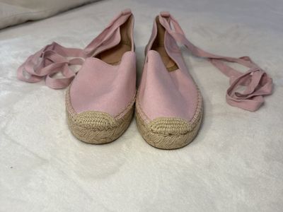 NEW J Crew Pink Canvas Espadrille Flats with Ankle Ties - Women's Casual Shoes, Size 9