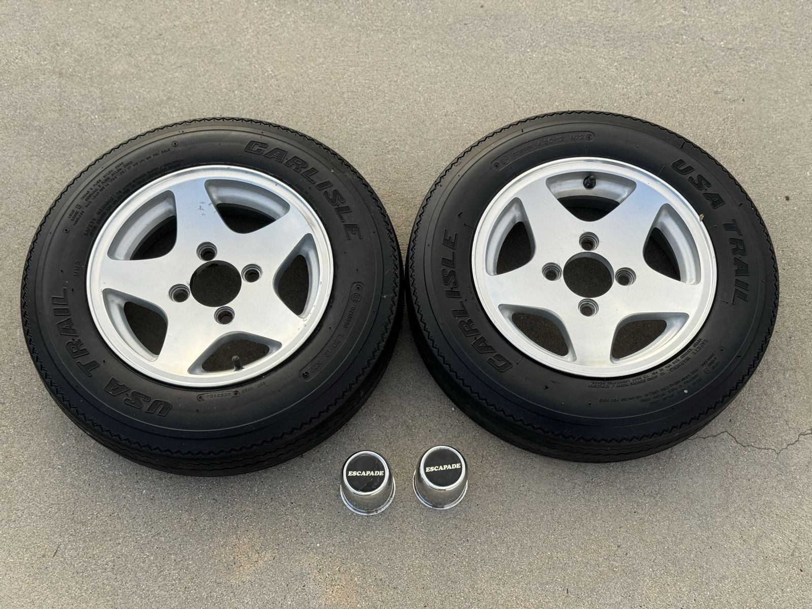 Set of 2 Carlisle USA Trail 4.80-12 Trailer Tires with 5-Spoke Aluminum Wheels & Center Caps