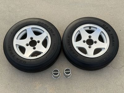 Set of 2 Carlisle USA Trail 4.80-12 Trailer Tires with 5-Spoke Aluminum Wheels & Center Caps