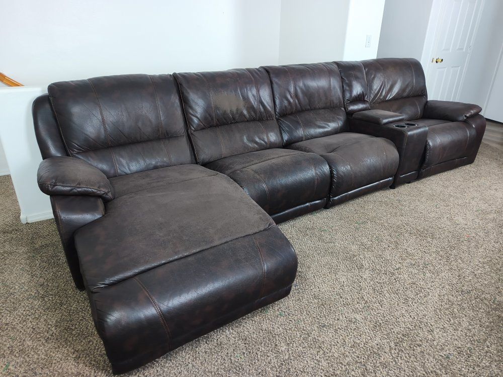 Brown Reclining Sectional Sofa with Storage Console & Cupholders - Used. Delivery available