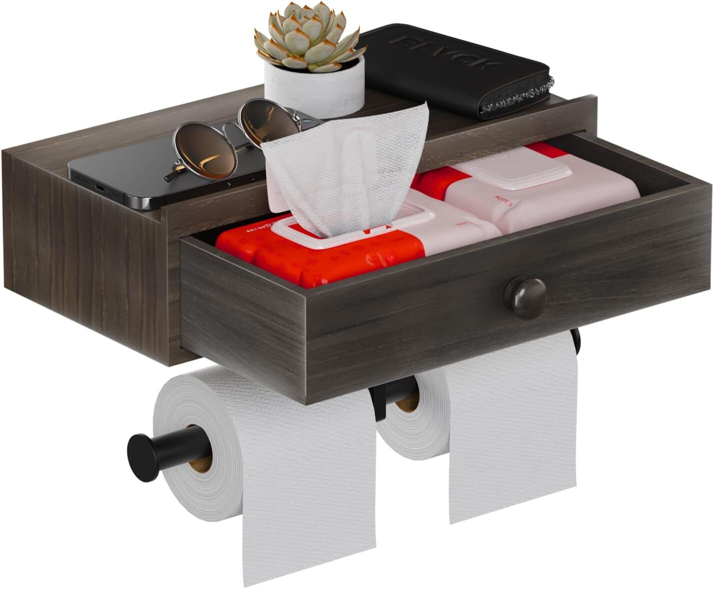 Double Toilet Paper Holder with Shelf and Storage Drawer - Brown