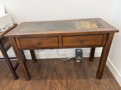 Solid wood table and end table with slate tops