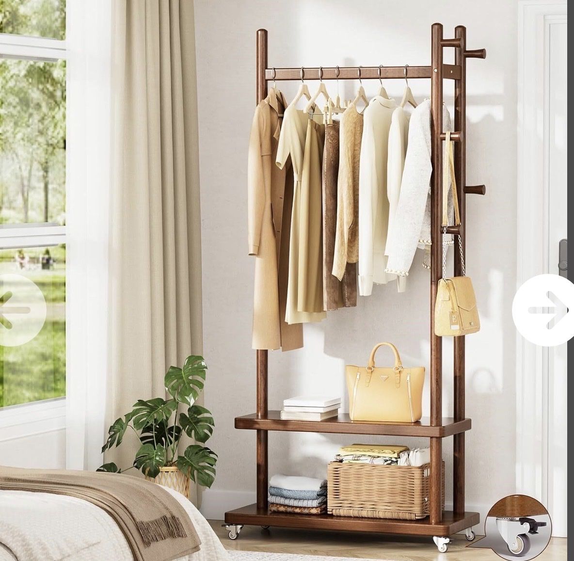 New! Rolling Clothes Rack with Shelves, Wood Garment Rack on Wheels, Portable Clothing Organizer with Hooks