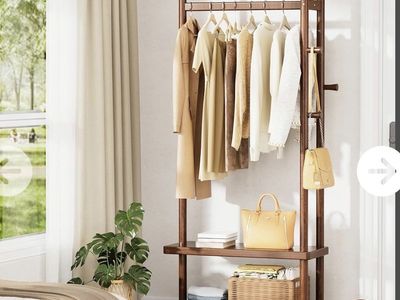 New! Rolling Clothes Rack with Shelves, Wood Garment Rack on Wheels, Portable Clothing Organizer with Hooks