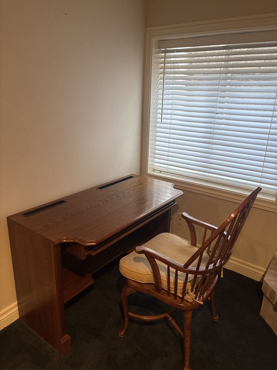 Classic Wood Office Desk with Keyboard Tray and Spindle Back Chair Set