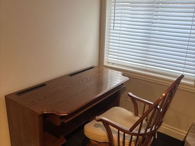 Classic Wood Office Desk with Keyboard Tray and Spindle Back Chair Set