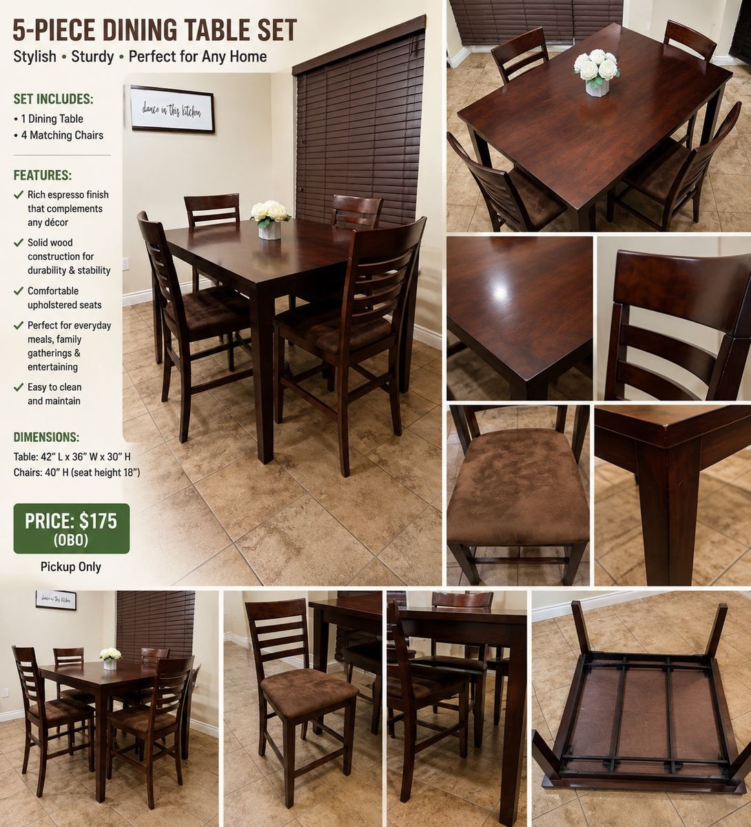 5-Piece Espresso Wood Dining Table Set with 4 Upholstered Chairs