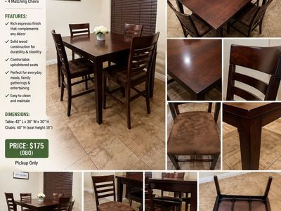 5-Piece Espresso Wood Dining Table Set with 4 Upholstered Chairs