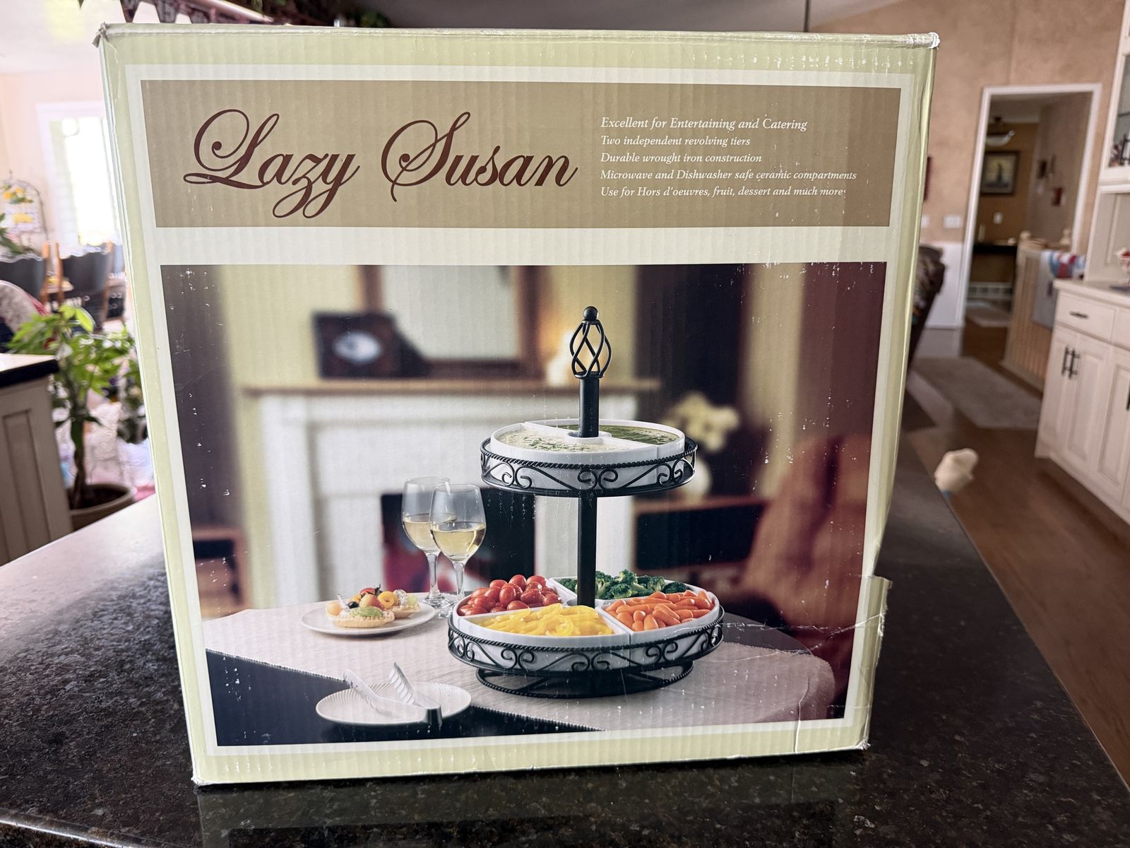 2-Tier Wrought Iron Lazy Susan Revolving Server with Ceramic Dishes
