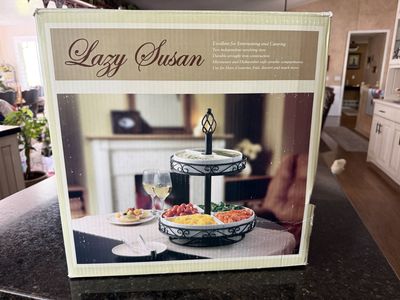 2-Tier Wrought Iron Lazy Susan Revolving Server with Ceramic Dishes