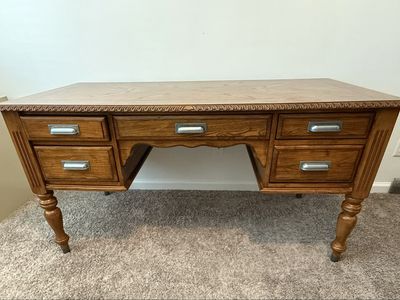Vintage Wooden Executive Desk with Five Storage Drawers and Ornate Trim