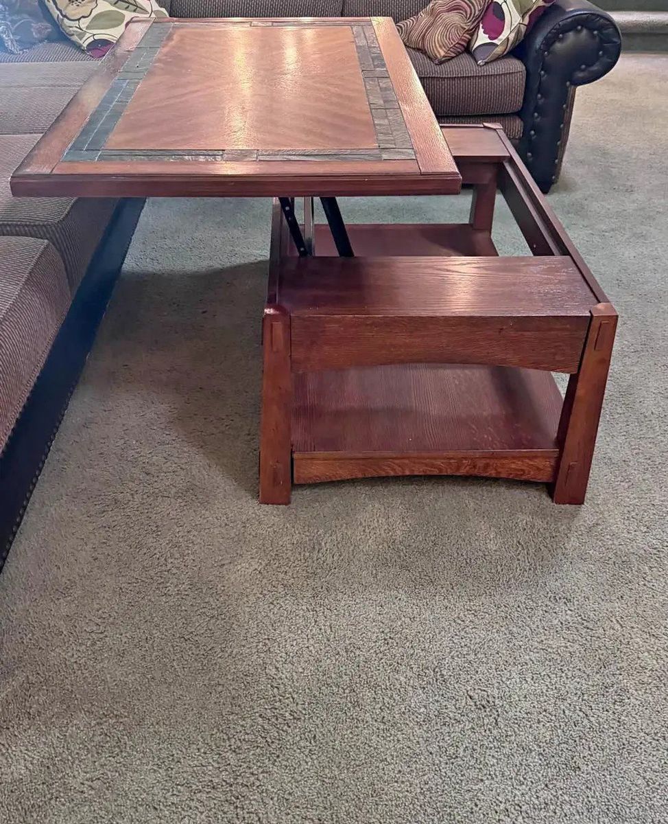 Lift Top Coffee Table with Tile Inlay - Wood & Metal Construction, Storage Shelf