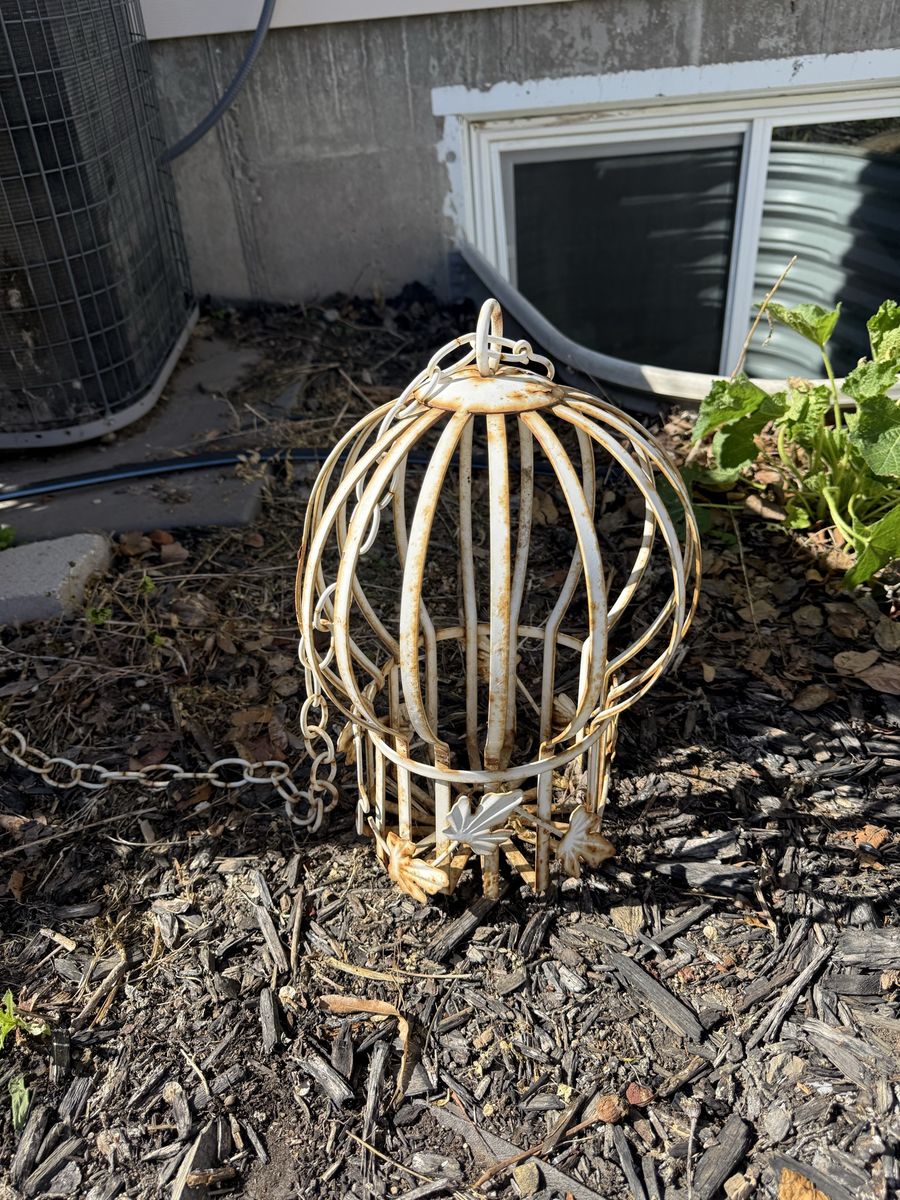 Rustic White Metal Bird Cage Decor with Chain - Garden, Patio, or Home Accent