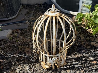 Rustic White Metal Bird Cage Decor with Chain - Garden, Patio, or Home Accent