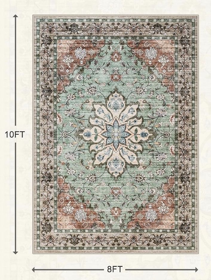 Machine Washable 8x10 Area Rug Oriental Floral Medallion Non-Slip Green