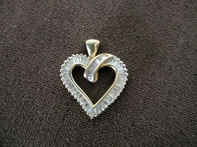 14K Gold Diamond Heart Pendant, Baguette & Round Cut Diamonds