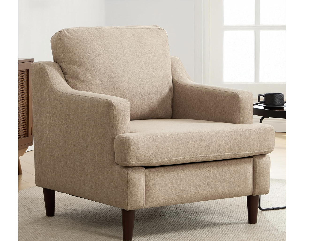 New in Box Khaki  Mid-Century Accent Chair Modern Linen Fabric Armchair for Living Room,Comfy