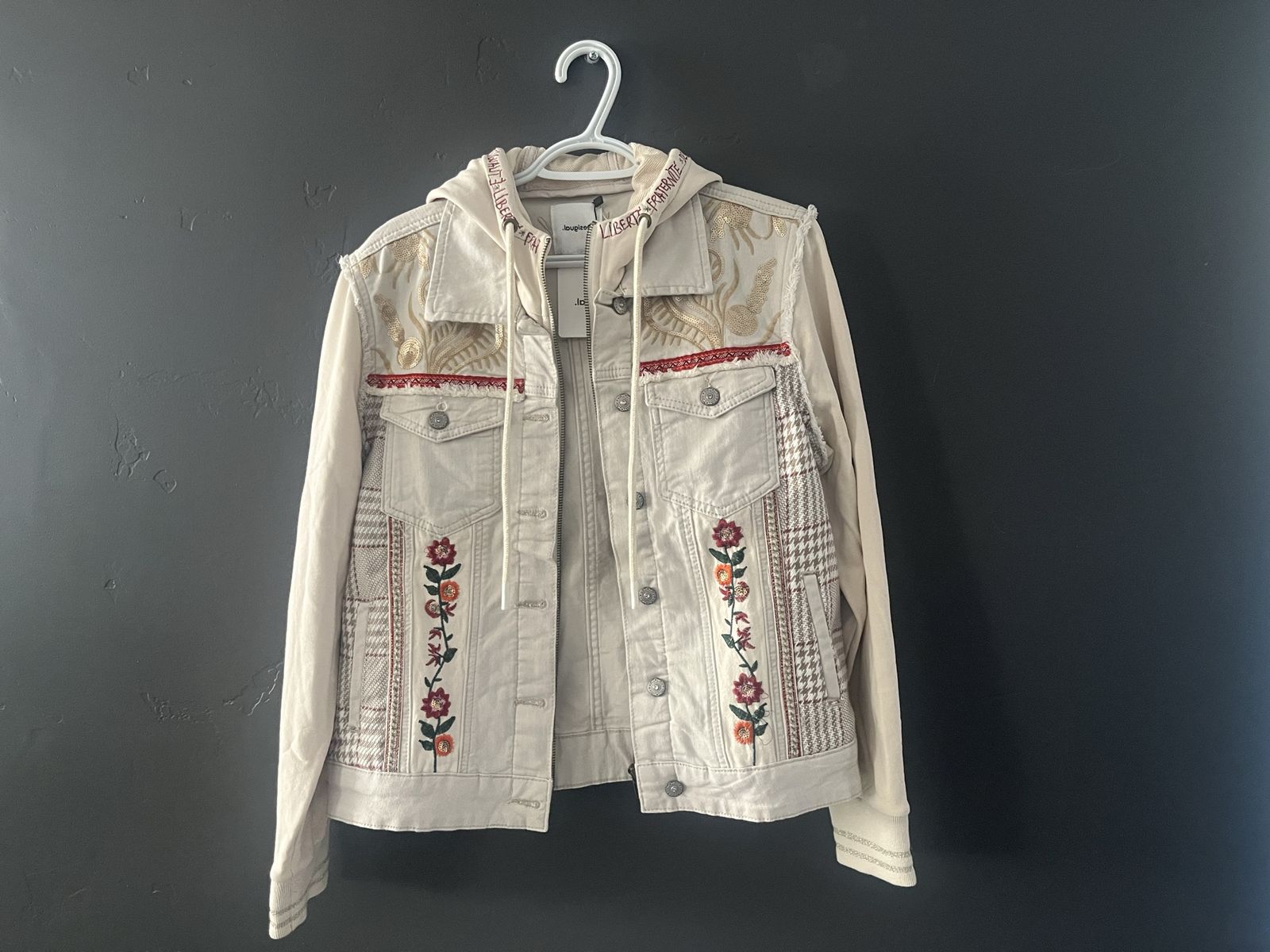 Desigual Women's Embroidered & Hooded Denim Jacket - Size 12 US, 46 Euro, Beige, Cotton Blend
