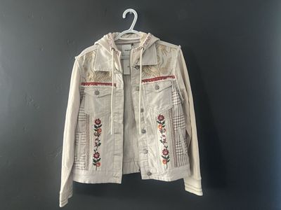 Desigual Women's Embroidered & Hooded Denim Jacket - Size 12 US, 46 Euro, Beige, Cotton Blend