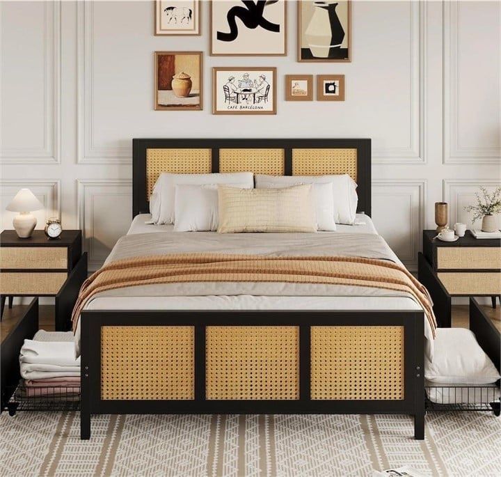 King Size Wooden Platform Bed Frame with Rattan Headboard and Storage Drawers, Black