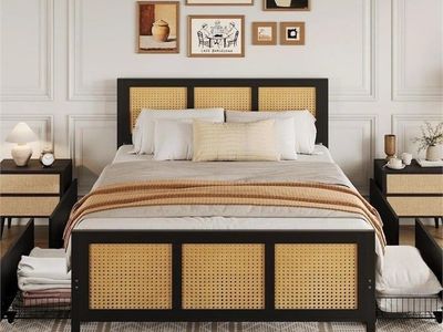 King Size Wooden Platform Bed Frame with Rattan Headboard and Storage Drawers, Black