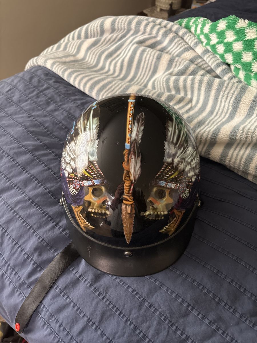 Motorcycle Half Helmet with Skull and Feather Graphics - DOT Approved