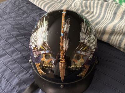 Motorcycle Half Helmet with Skull and Feather Graphics - DOT Approved