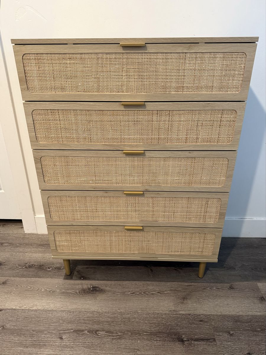 Brand New Natural Wood Rattan Dresser w/ 5 Deep Drawers
