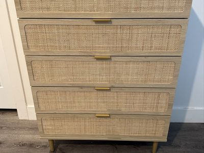 Brand New Natural Wood Rattan Dresser w/ 5 Deep Drawers