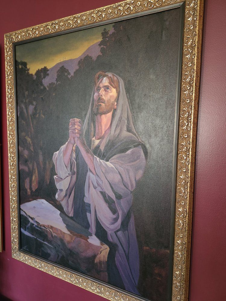 Framed Jesus in Gethsemane original Oil Painting with Decorative Gold Frame by late Utah Artist Wallace Lee (1933-2005)