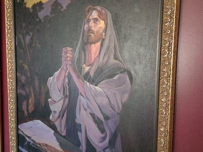 Framed Jesus in Gethsemane original Oil Painting with Decorative Gold Frame by late Utah Artist Wallace Lee (1933-2005)