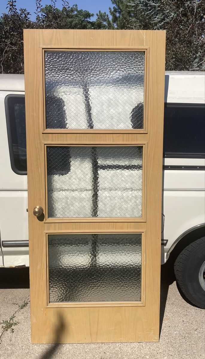 Vintage Mid-Century Modern Wood Door with 3 Textured Glass Panes
