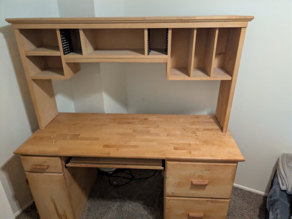 Wooden Computer Desk with Hutch, Keyboard Tray, & Storage Drawers - Light Wood Finish