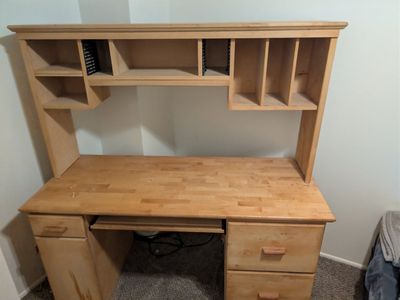 Wooden Computer Desk with Hutch, Keyboard Tray, & Storage Drawers - Light Wood Finish